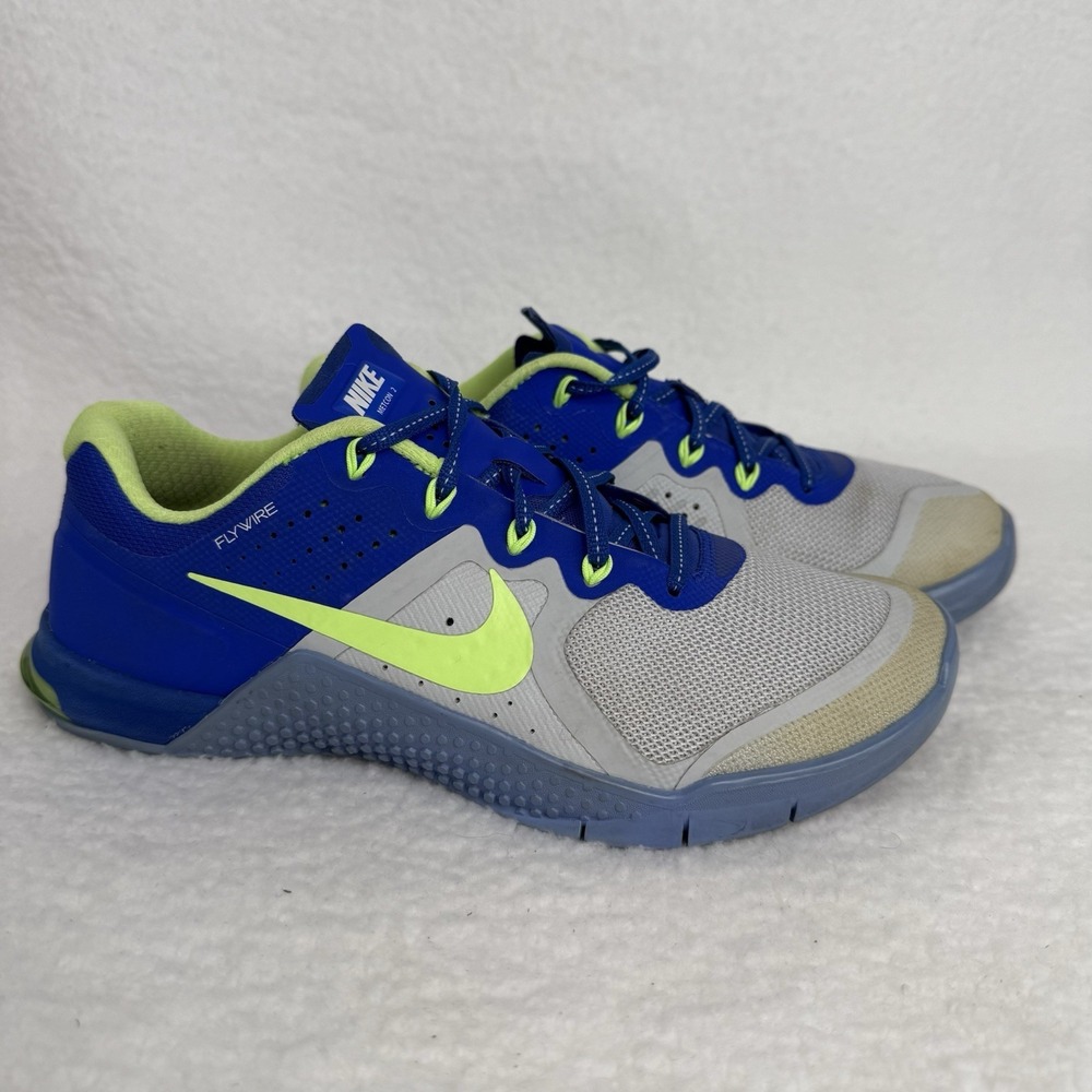 Nike Metcon 2 Shoes Womens Size 7.5 Blue Gray Volt CrossFit Training Flywire Gym